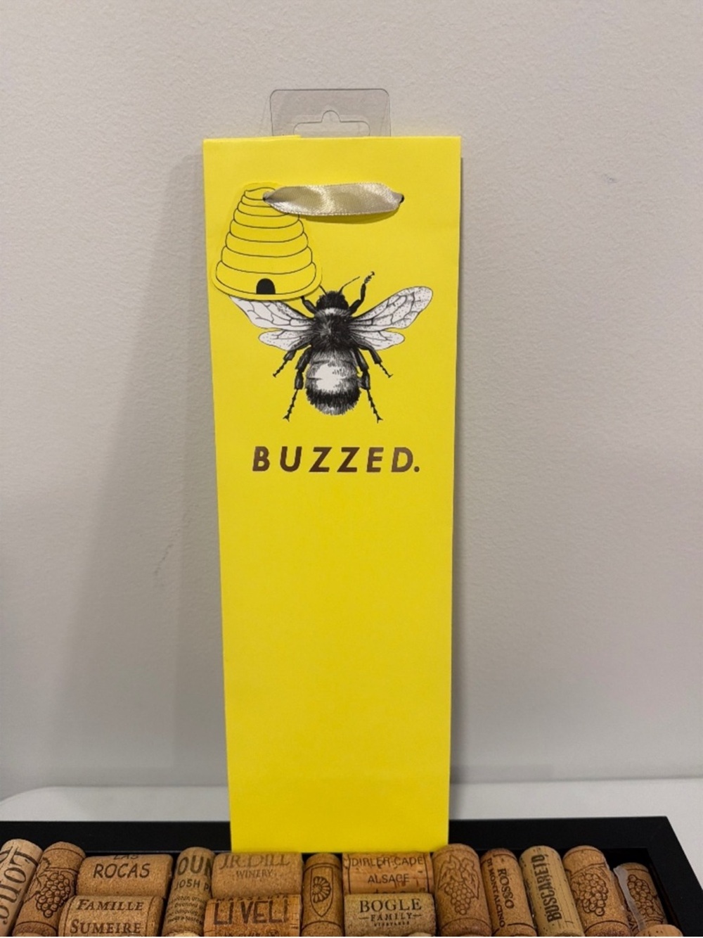 BUZZED. Yellow Black White Bee Graphic Wine Bottle Bag Gift Holder